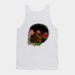 Afro African Woman with Leopard, Tropical Floral Tank Top